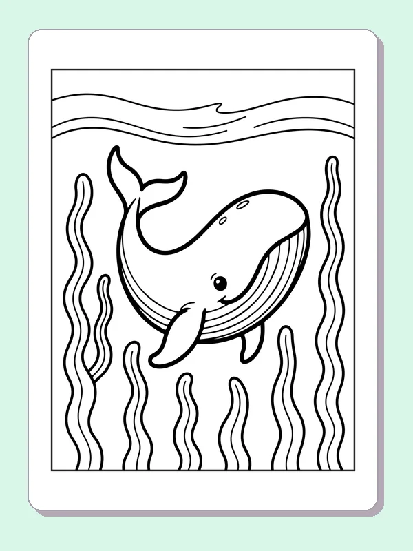 Black and white printable whale traveling through seaweed coloring sheet