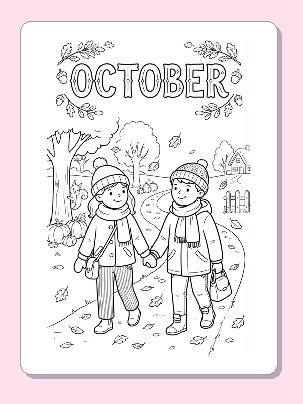 Two bundled children walking together along a tree-lined autumn path with leaves underfoot.