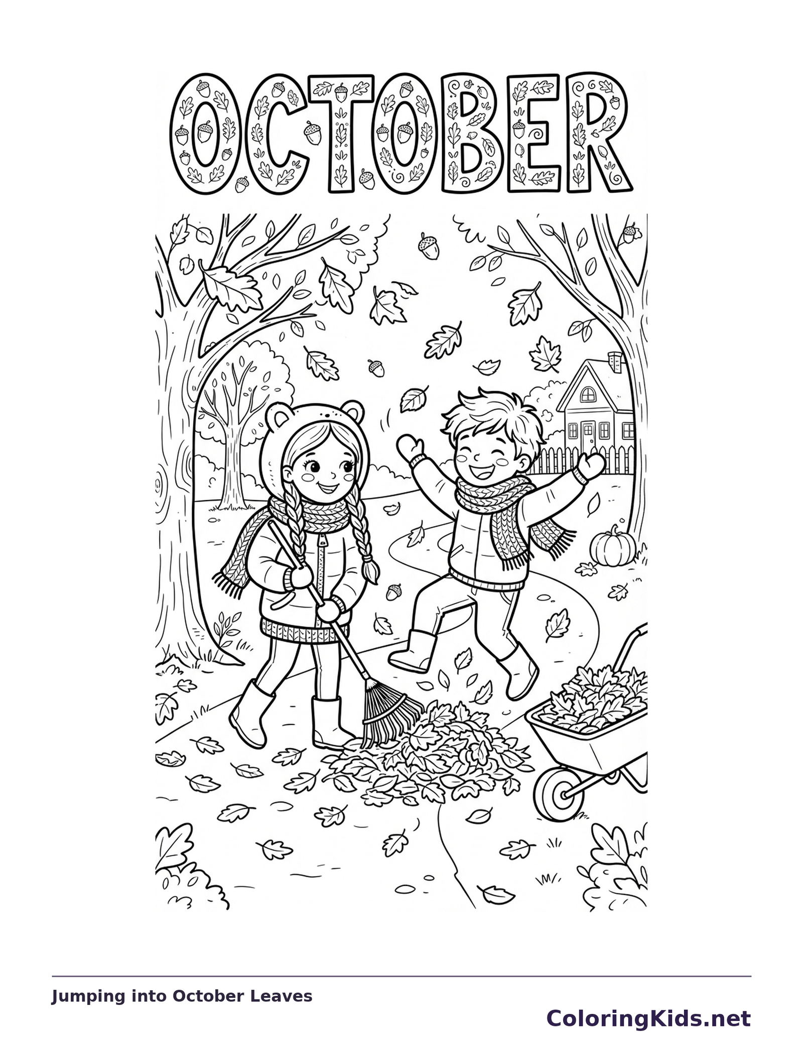 Two children laughing and jumping through fallen leaves beneath big October letters.