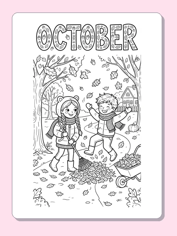 Two children laughing and jumping through fallen leaves beneath big October letters.