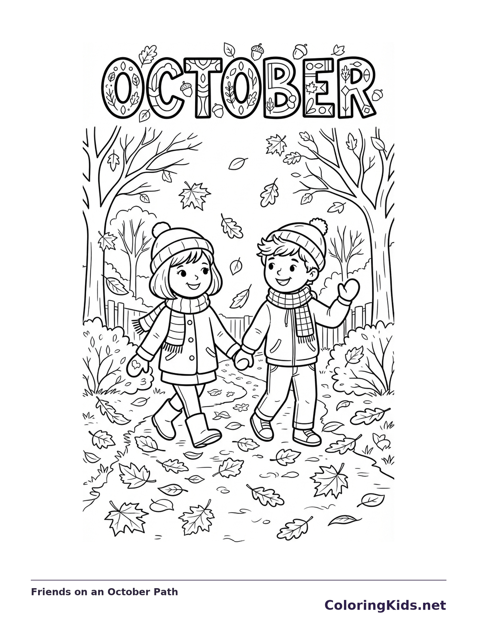 Two children in hats walking a leafy path under OCTOBER letters