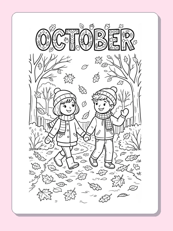 Two children in hats walking a leafy path under OCTOBER letters