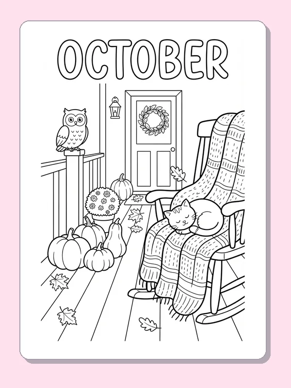 A pumpkin beside a rocking chair, cozy blanket, owl and wreath in an autumn room.