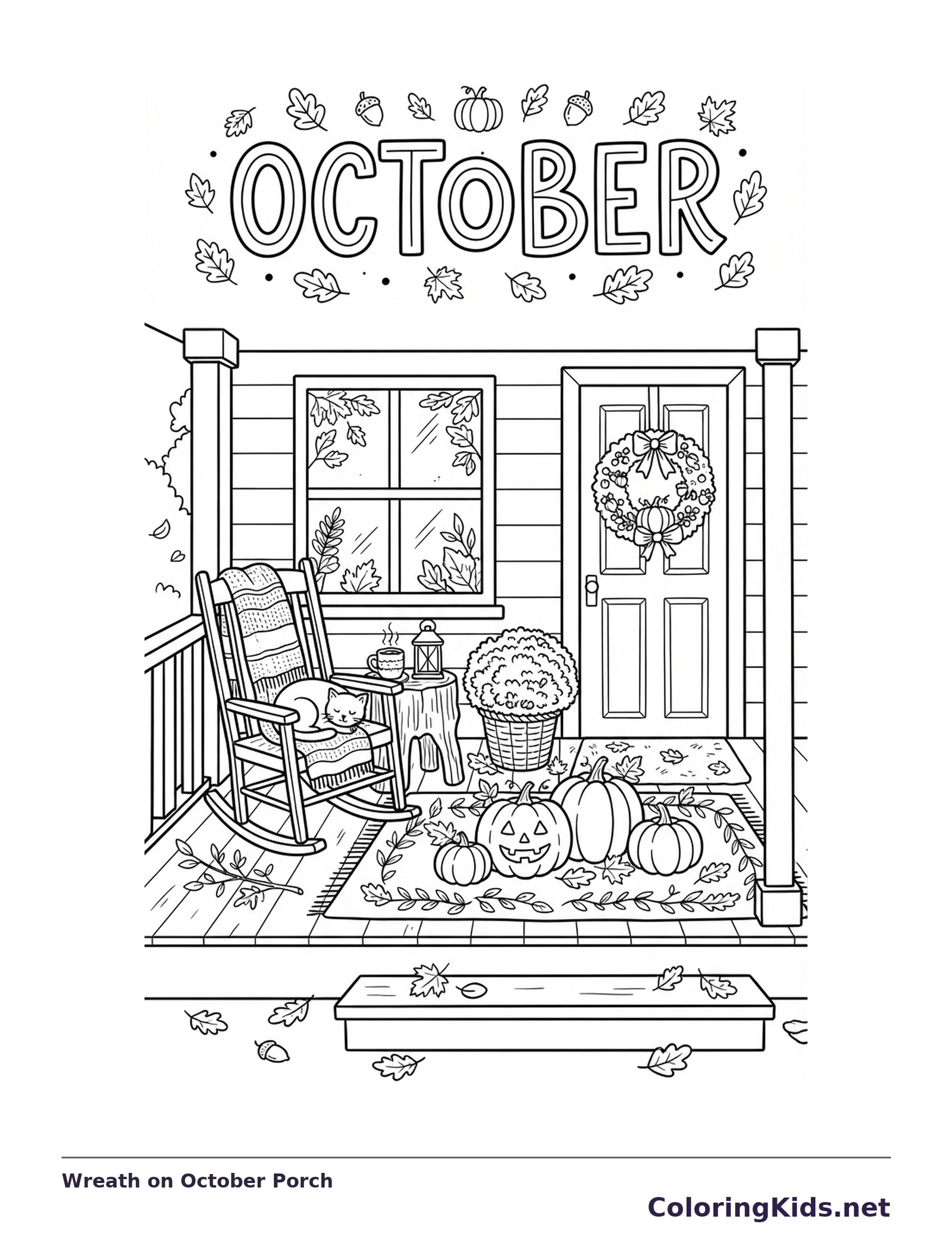 A quiet porch with a rocking chair, wreath, pumpkins and scattered leaves beneath October lettering.