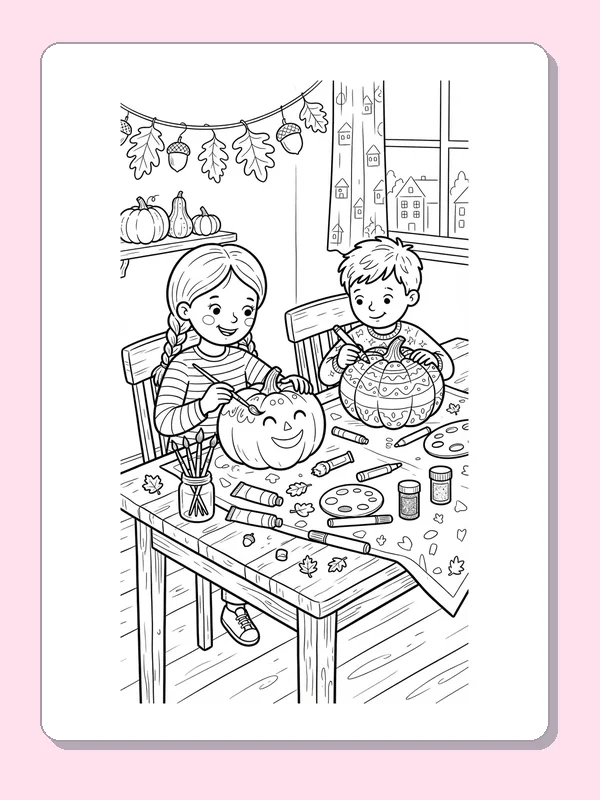 Children painting a pumpkin at a table with brushes and leaf garlands