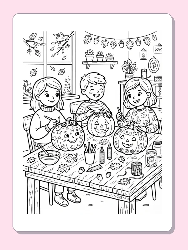 Grown-up and children decorating pumpkins at an autumn craft table