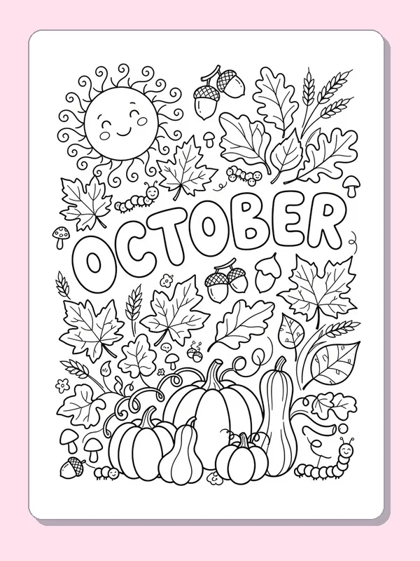October Leaves and Pumpkins coloring page preview