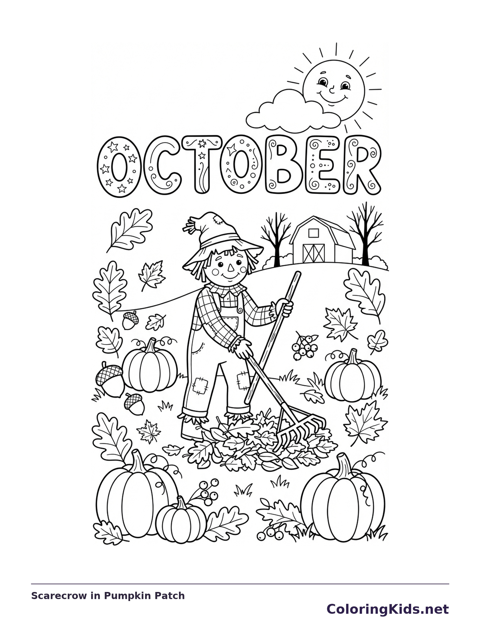 A scarecrow standing with a rake among pumpkins and falling leaves under October lettering.