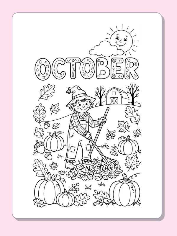 A scarecrow standing with a rake among pumpkins and falling leaves under October lettering.