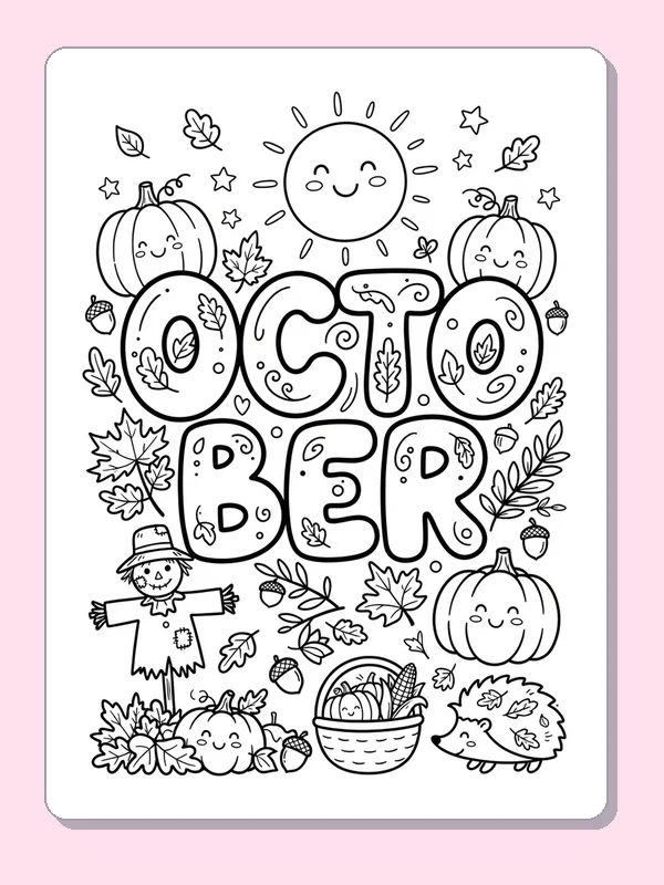 Stacked OCTOBER letters with pumpkins, scarecrow, sun and hedgehogs