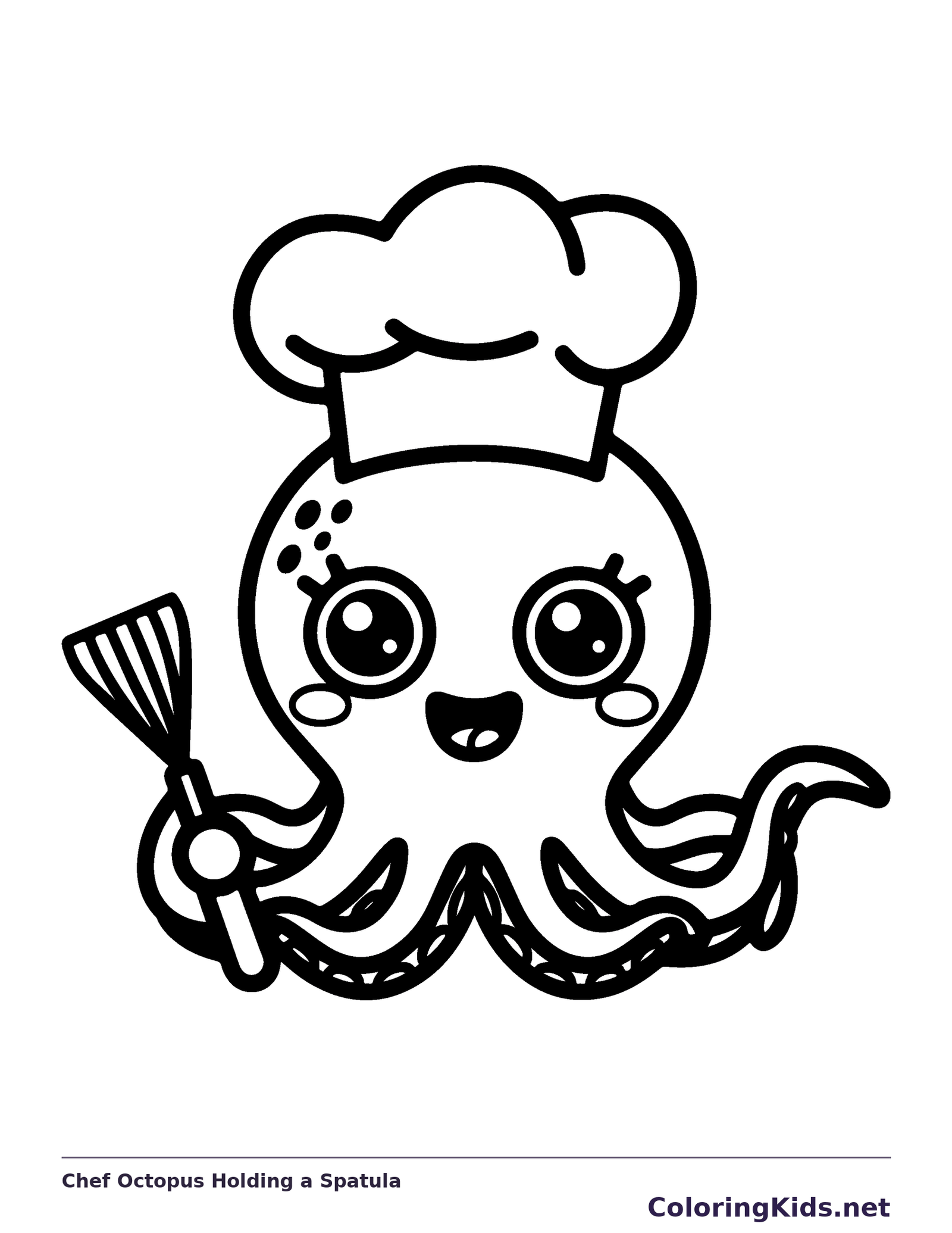 Cartoon chef octopus holding a slotted spatula, black and white coloring page