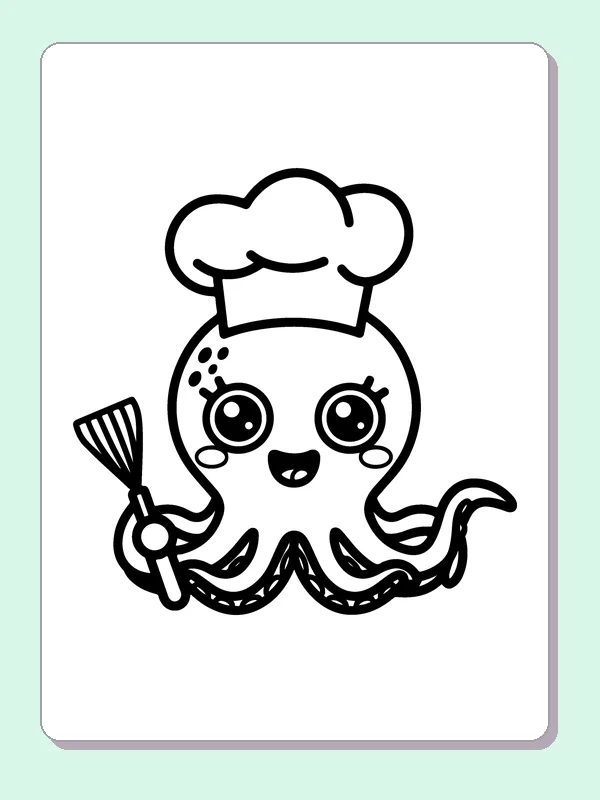 Cartoon chef octopus holding a slotted spatula, black and white coloring page