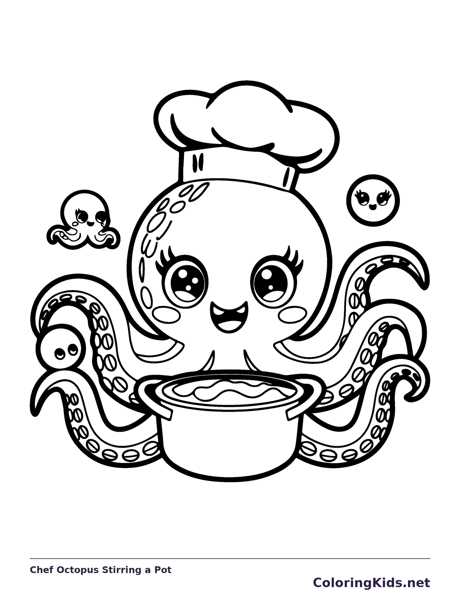 Black and white printable chef octopus stirring a pot coloring sheet