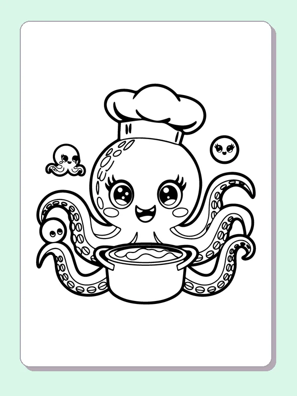 Black and white printable chef octopus stirring a pot coloring sheet