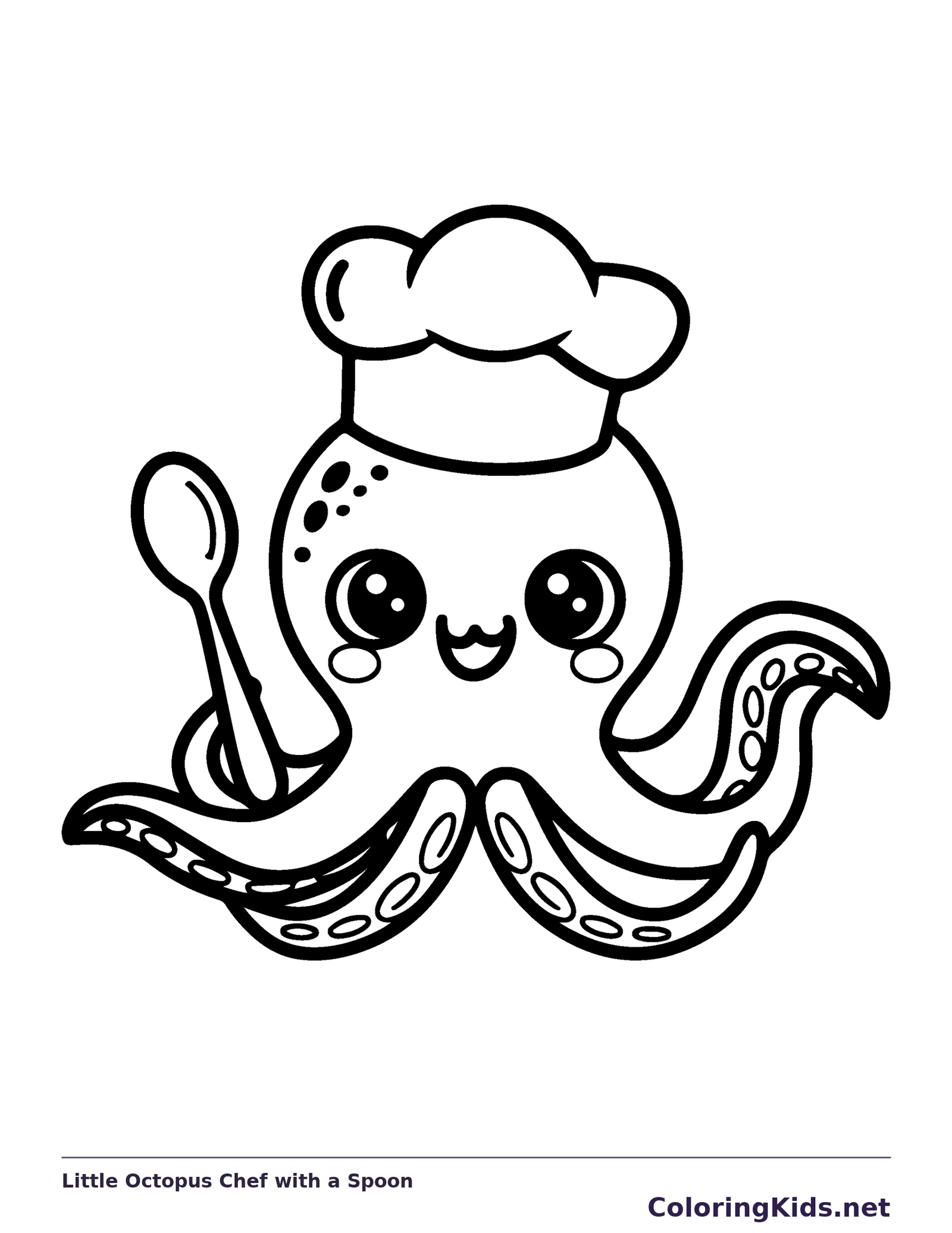 Black and white printable little octopus chef with a spoon coloring sheet
