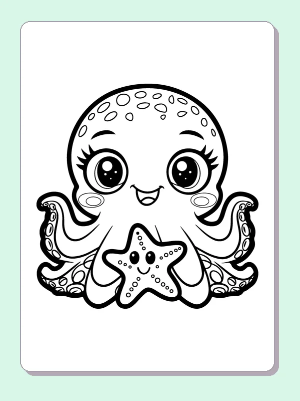 Black and white printable octopus holding a little starfish coloring sheet