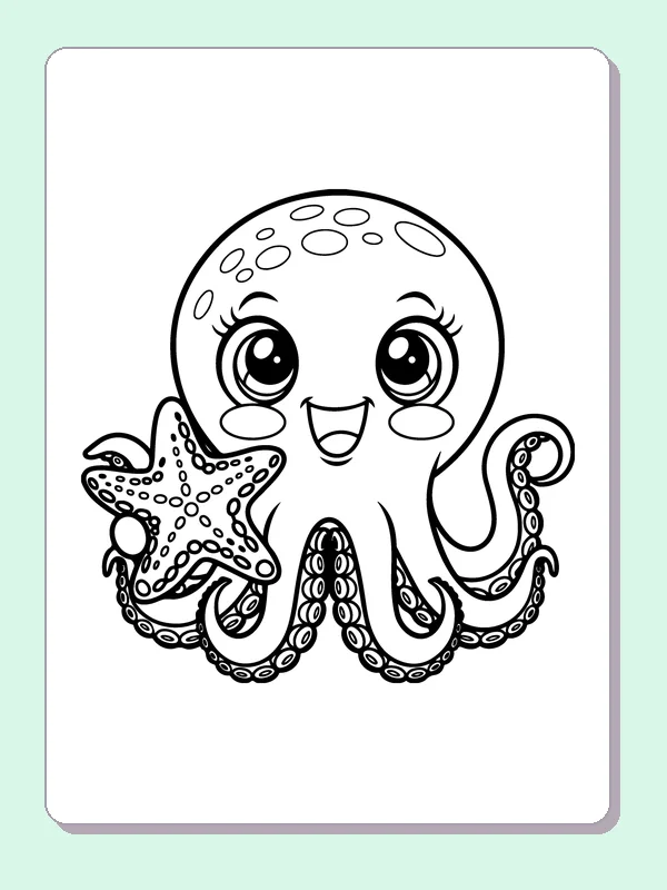Black and white printable octopus holding a starfish beside its face coloring sheet