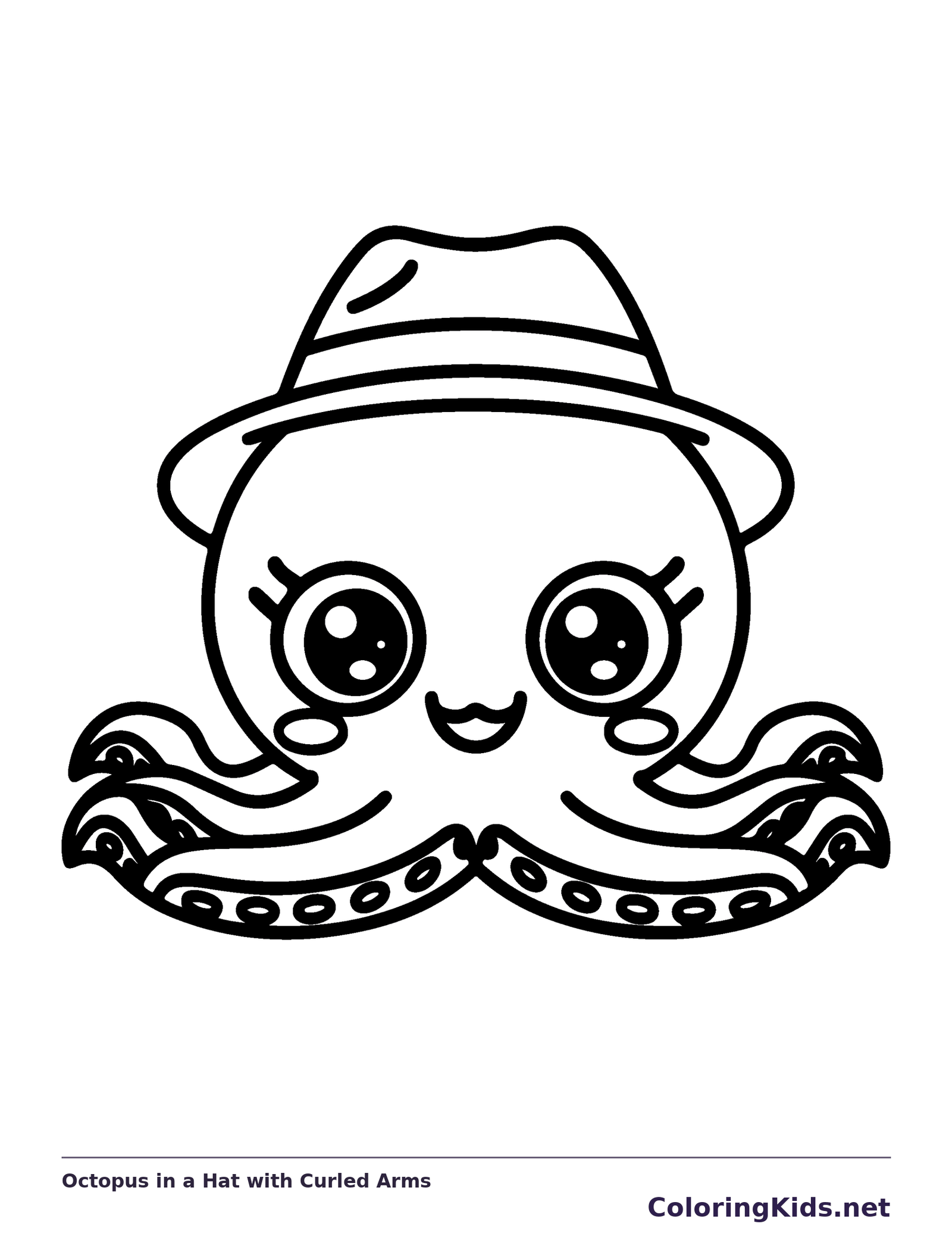 Black and white printable octopus in a hat with curled arms coloring sheet