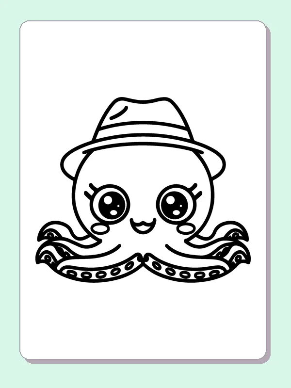 Black and white printable octopus in a hat with curled arms coloring sheet