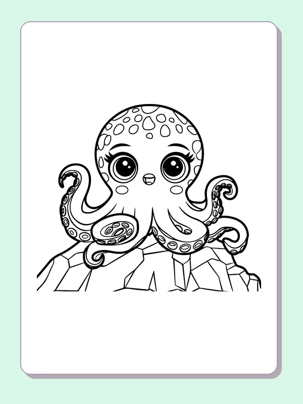 Black and white printable octopus sitting among rocky ledges coloring sheet
