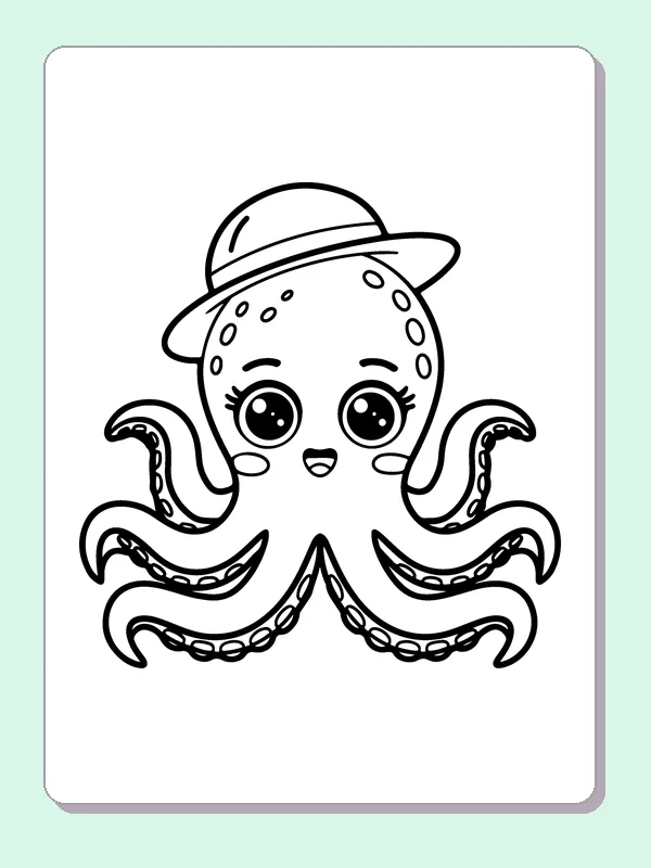 Black and white printable octopus wearing a round cap coloring sheet