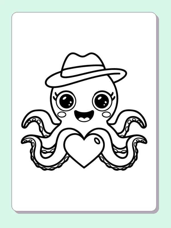 Black and white printable octopus wearing a wide hat coloring sheet