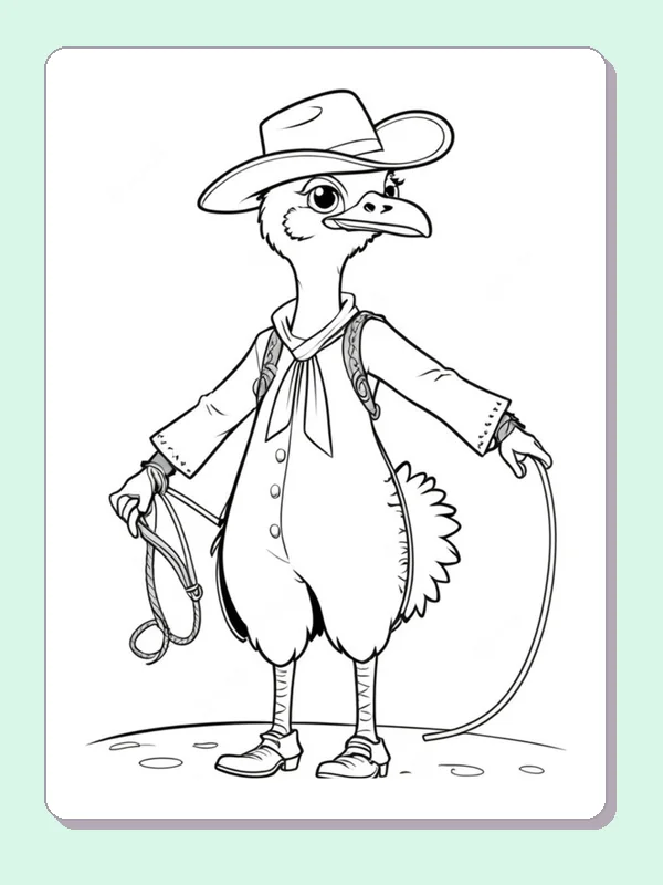 Black and white printable drawing of cowboy ostrich with lasso