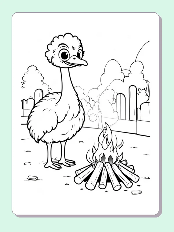 Black and white printable drawing of ostrich beside a campfire