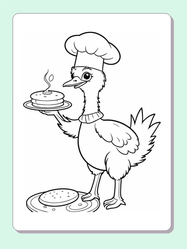 Black and white printable drawing of ostrich chef with pancakes