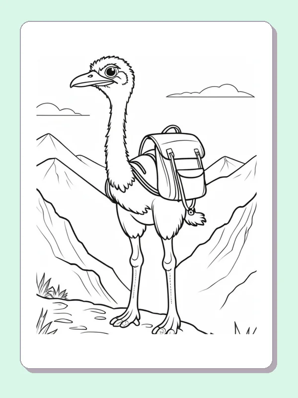 Black and white printable drawing of ostrich hiking in the mountains