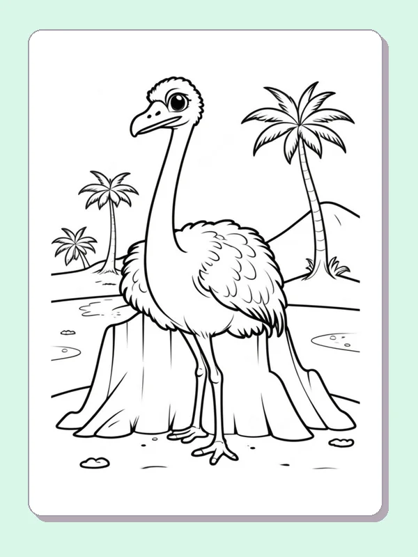 Black and white printable drawing of ostrich by palm trees