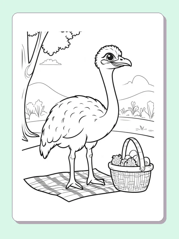 Black and white printable drawing of ostrich beside a picnic basket
