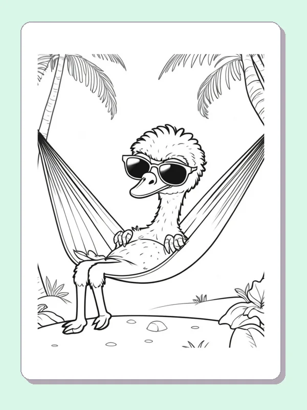Black and white printable drawing of ostrich resting in a hammock