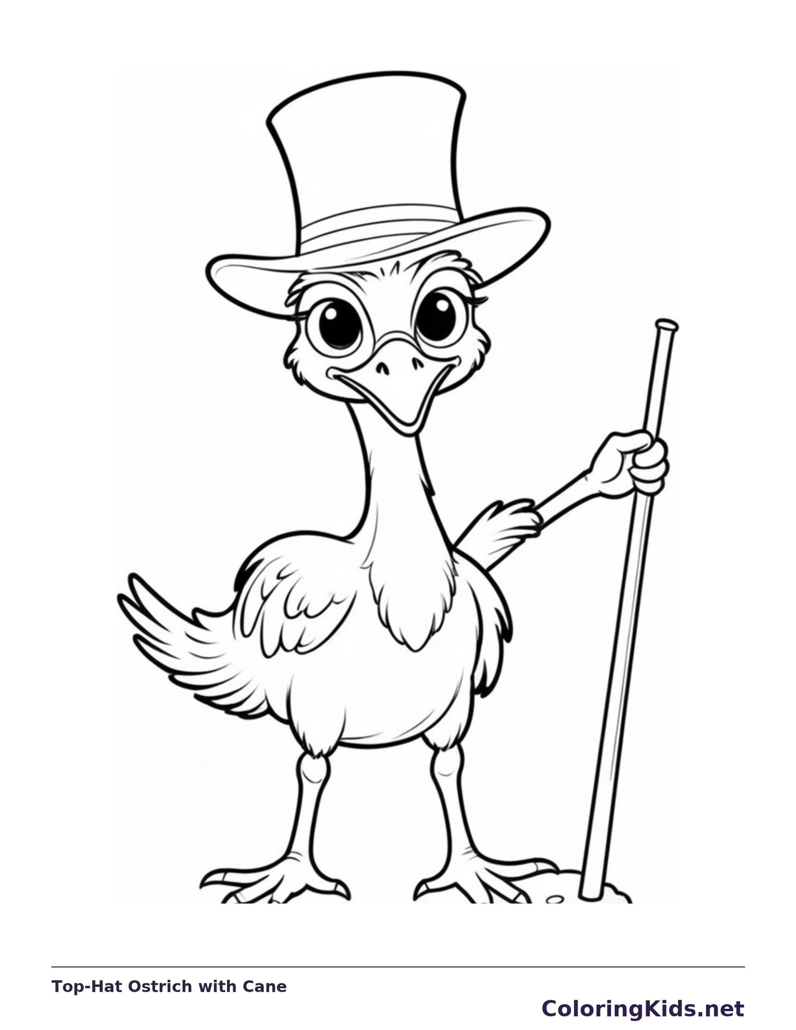 Black and white printable drawing of top-hat ostrich with cane