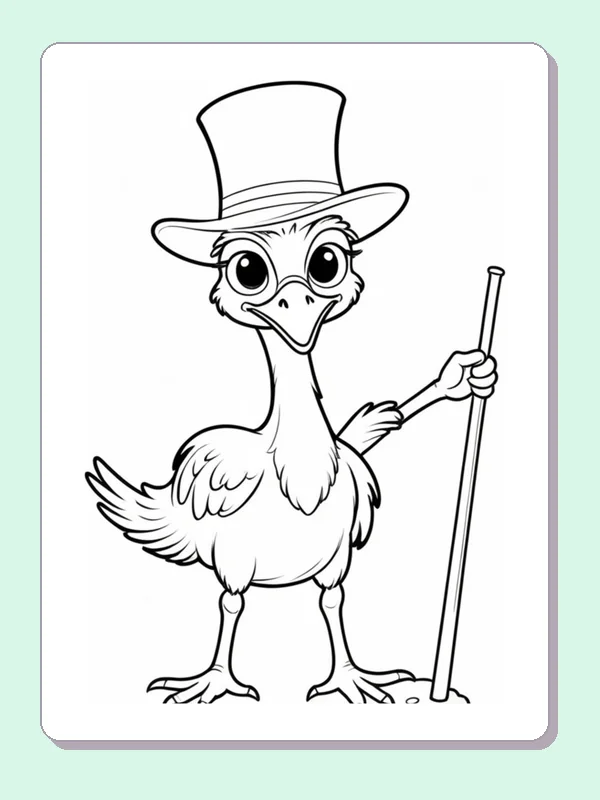 Black and white printable drawing of top-hat ostrich with cane