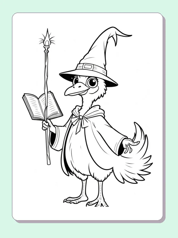 Black and white printable drawing of wizard ostrich with book