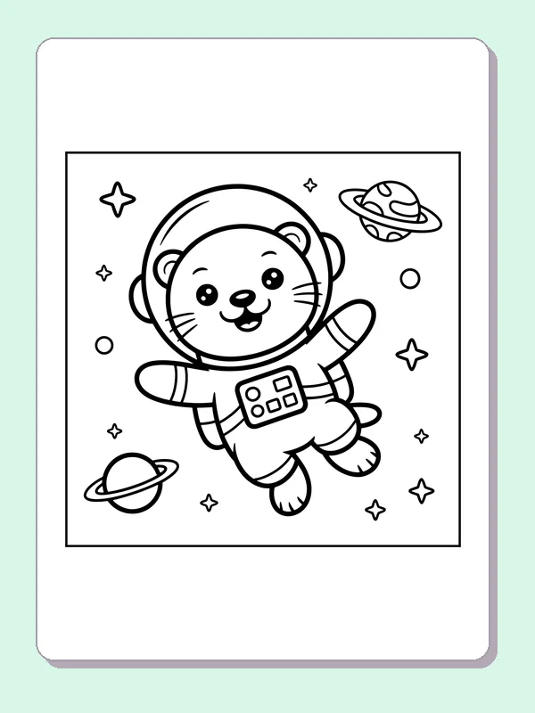 Black and white printable otter astronaut floating in space coloring sheet