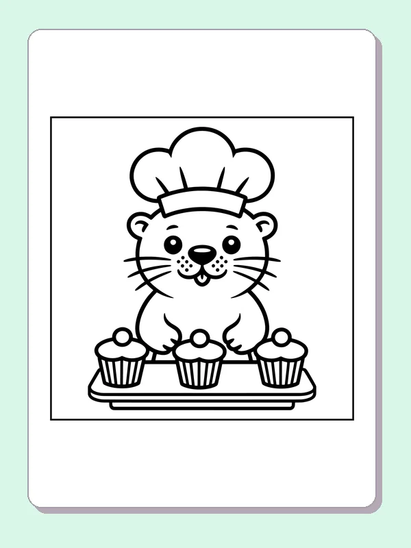 Black and white printable otter baker with cupcakes coloring sheet