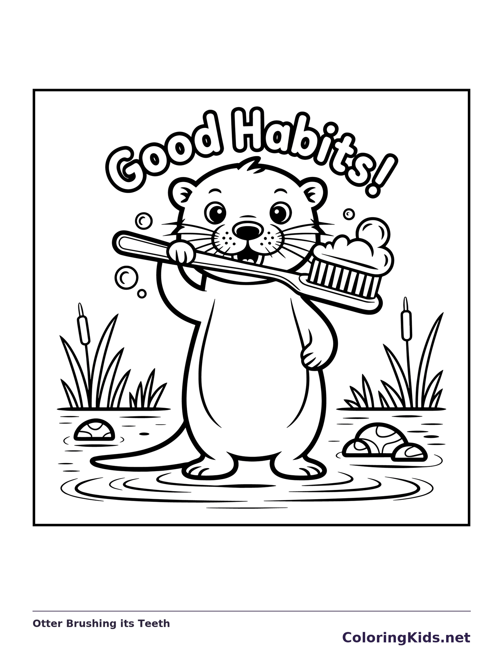 Black and white printable otter brushing its teeth coloring sheet