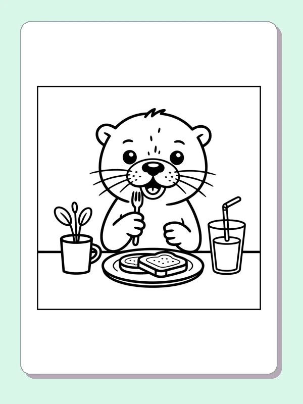 Black and white printable otter eating breakfast at a table coloring sheet