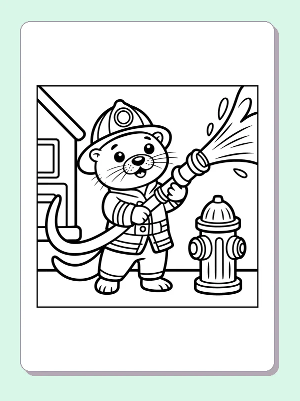 Black and white printable otter firefighter with a hose coloring sheet