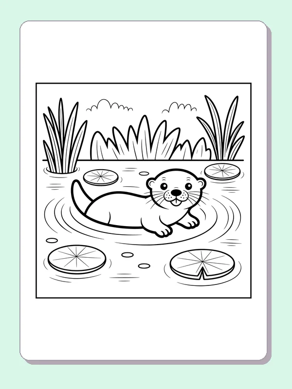 Black and white printable otter floating among lily pads coloring sheet