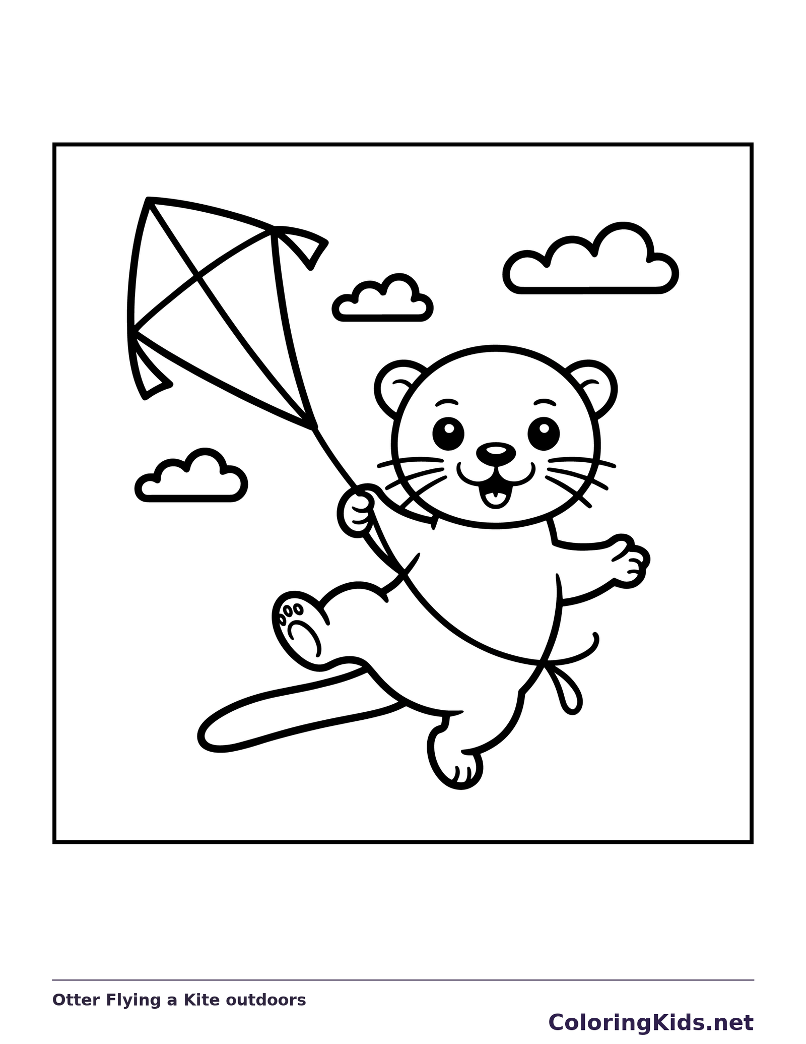 Black and white printable otter flying a kite outdoors coloring sheet