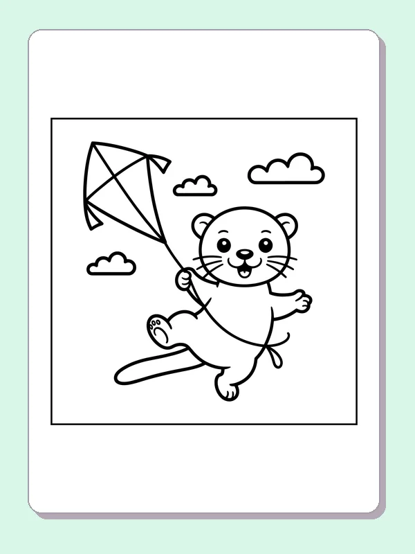 Black and white printable otter flying a kite outdoors coloring sheet