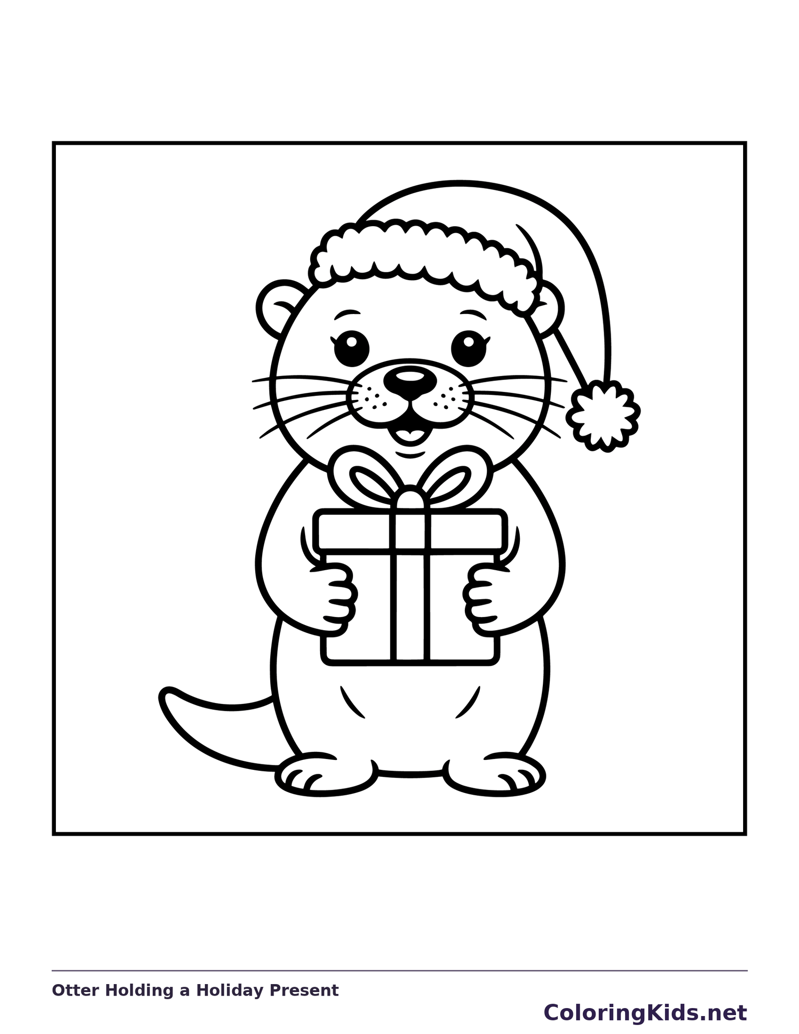 Black and white printable otter holding a holiday present coloring sheet