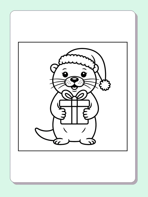 Black and white printable otter holding a holiday present coloring sheet