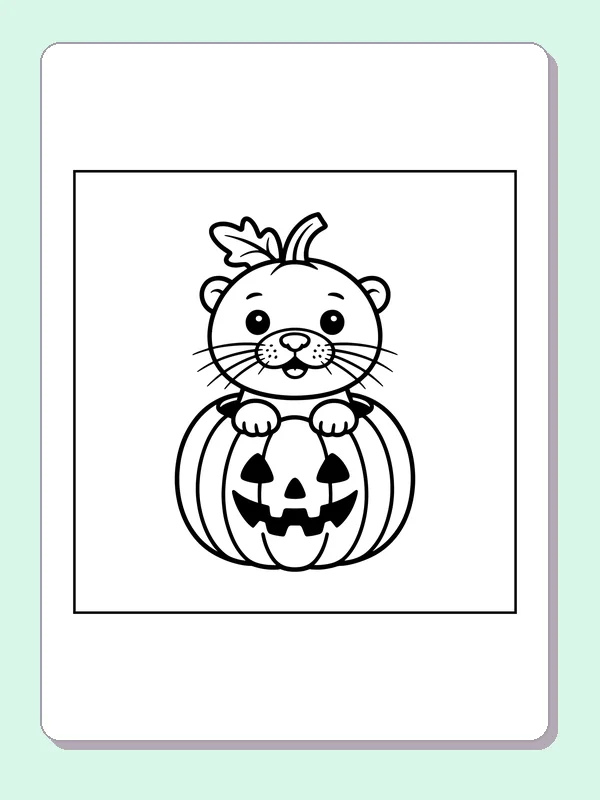 Black and white printable otter hugging a halloween pumpkin coloring sheet