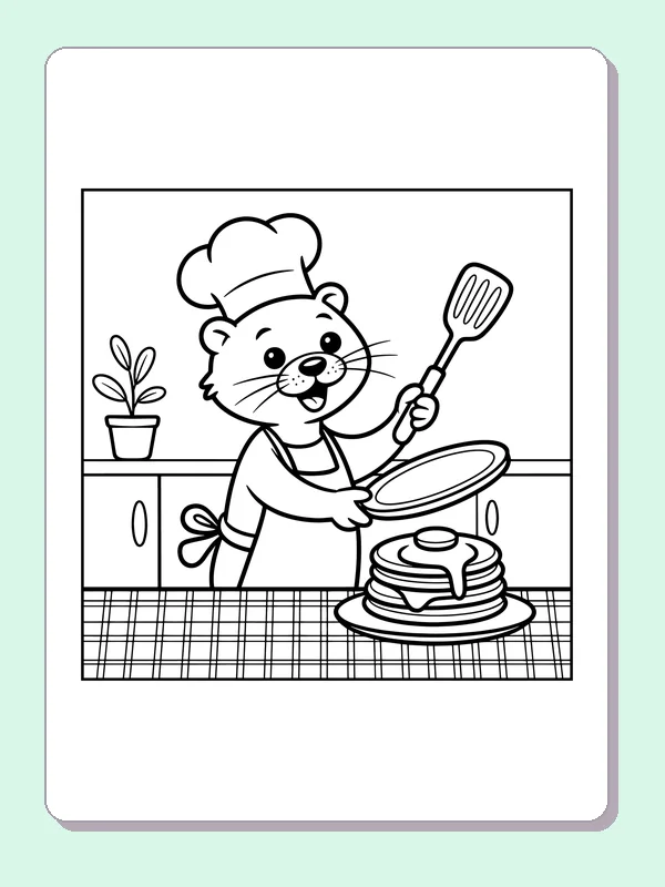 Black and white printable otter making pancakes in a kitchen coloring sheet