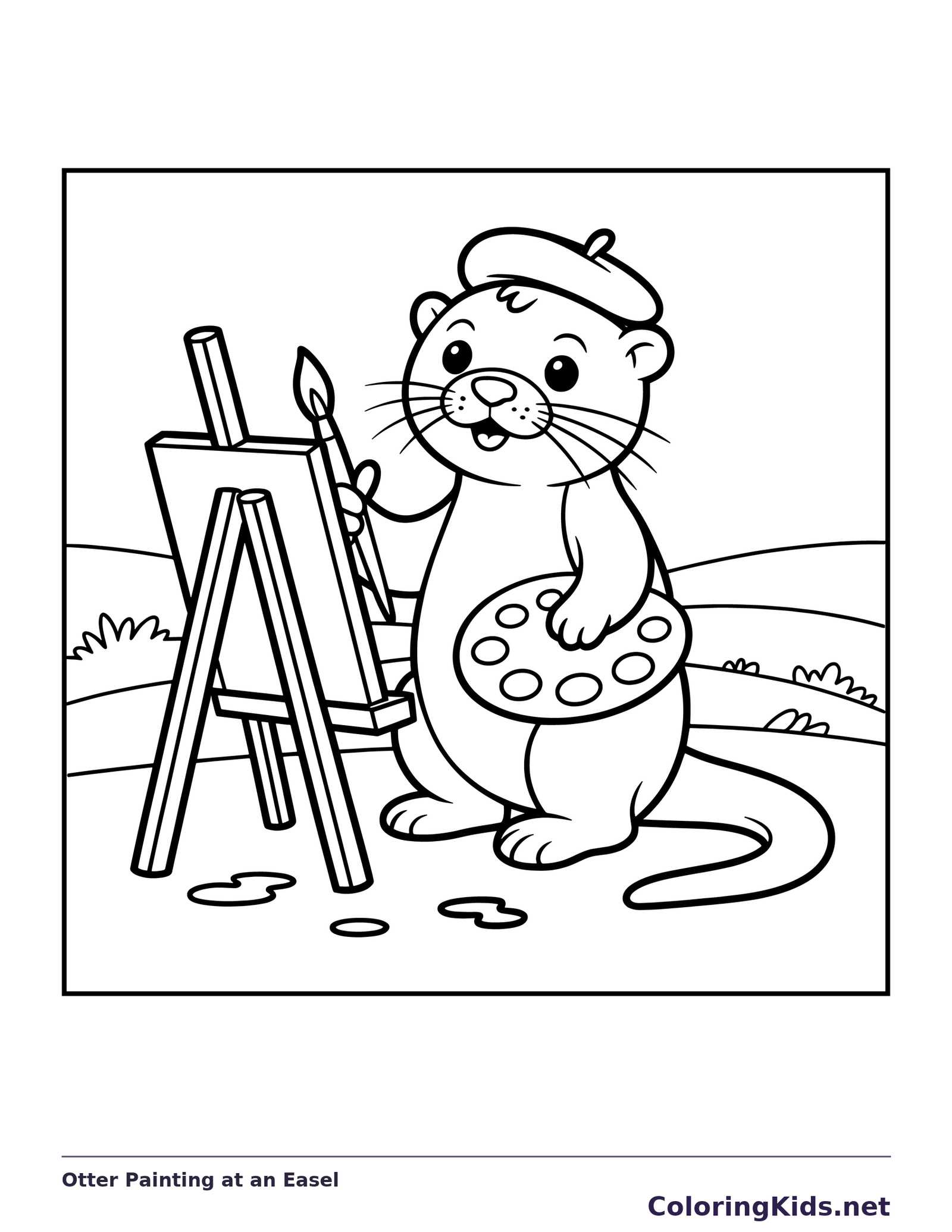 Black and white printable otter painting at an easel coloring sheet