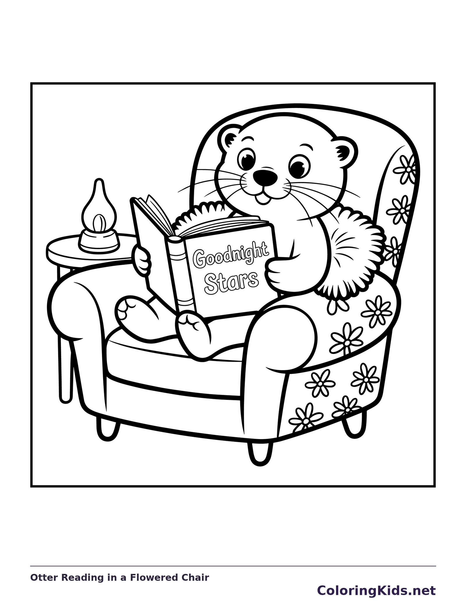 Black and white printable otter reading in a flowered chair coloring sheet